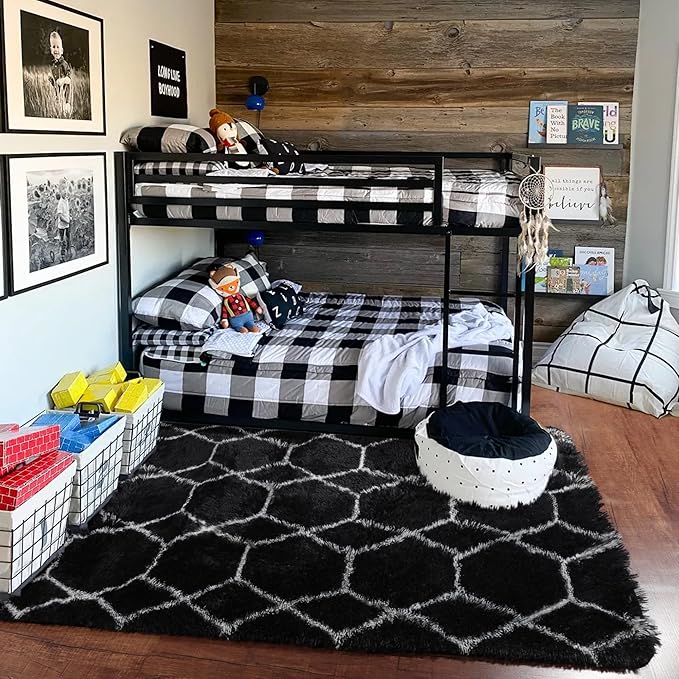 ONASAR Geometric Area Rugs for Bedroom Living Room, Washable 4x6 Black and White Fluffy Shag Throw Rug, Shaggy Plush Bedside Floor Carpet for Nursery Kids Teens Girls Boys Dorm Home Decor