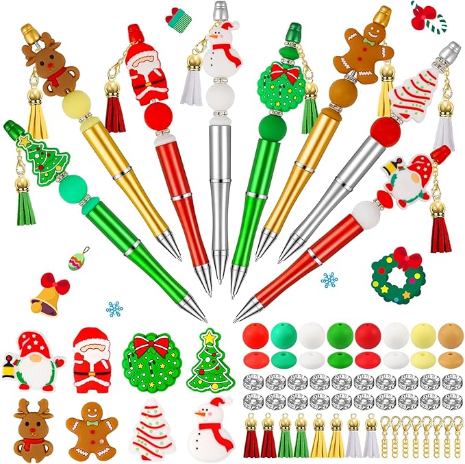 CZWZ 8 Pcs Christmas Beadable Pens, Plastic Beadable Pens with Multicolor Silicone Beads, Christmas Snowman Pine Tree Floral Hoop Deer Pens for Christmas Gifts Office School Supplies
