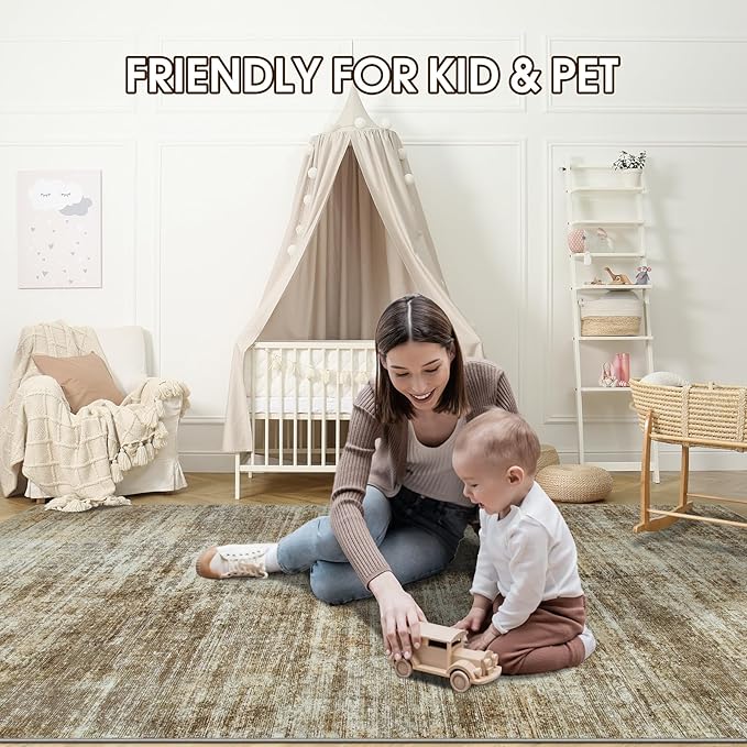 Area Rugs 8x10 Living Room Rugs: Large Modern Abstract Washable Rug with Non-Slip Backing, Thin Carpet for Dining Room Table Bedroom Nursery Indoor Home Office-Brown