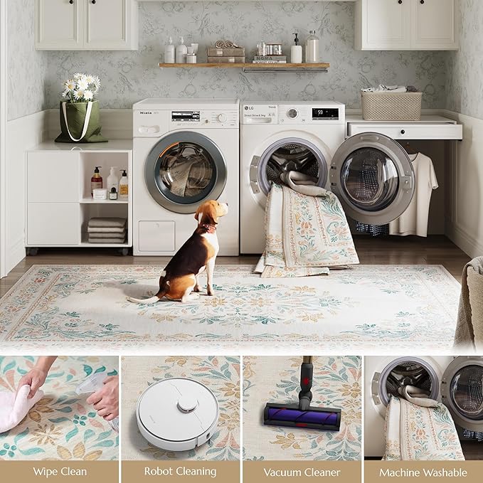 jinchan Vintage Floral 6x9 Area Rugs for Living Room - Machine Washable Distressed Design Soft Throw Rug Ultra-Thin Non-Slip Large Carpet for Bedroom Nursery Dining Room Home Office (6x9ft,Apricot)