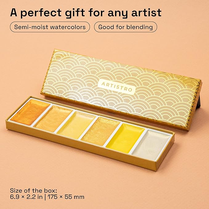 ARTISTRO Professional Metallic Watercolor Paint Set for Adults - 6 Pigment-Rich Gold Colors, XL Pans, ASTM-I Lightfastness, High Tinting Strength Watercolor Set for Professionals made by professionals