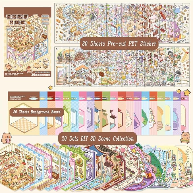 20 Sets DIY 3D Sticker Scenes for Adults Relief Stress, Cute Kawaii 3D House Sticker Therapy for Women Teen Girls Kids Pass The Time, Make Your Own Mini Room Scene Collection Book with Tweezer