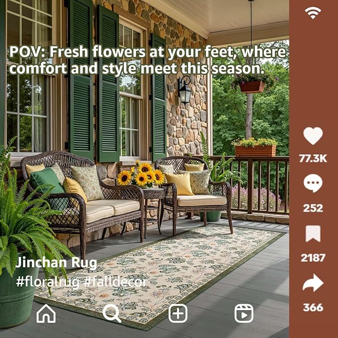 jinchan 2x5 Floral Runner Rug for Hallway Washable Kitchen Runner Vintage Romance Design Non Slip Thin Indoor Floor Cover Low-Profile Throw Carpet for Entryway Bathroom Bedroom Porch, Green/Beige