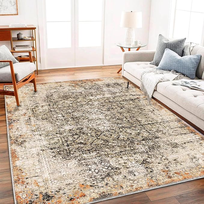 Area Rug 6'x9' Washable Vintage Traditional Floor Cover Thin Retro Kitchen Indoor Distressed Non Slip Carpet Floral Print Mat for Living Room Bedroom Dining Room