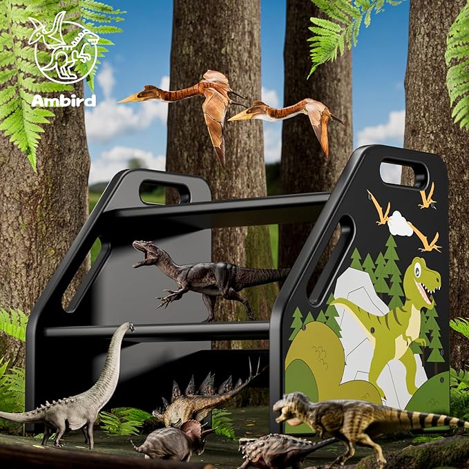 AMBIRD Toddler Step Stool, Dinosaur Wooden Two Step Stool for Kids with Non-Slip Pads, Portable Potty Training Stool with Handles for Bathroom, Sink, Kitchen, Bedroom