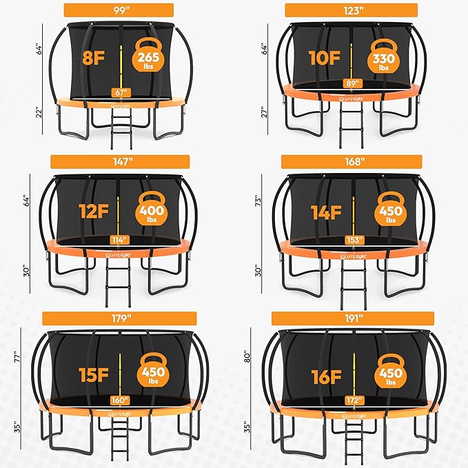 JUMPZYLLA Trampoline Outdoor 8FT 10FT 12FT 14FT 15FT 16FT with Enclosure and Ladder, ASTM Approved Recreational Trampoline for Kids and Adults, Anti-Rust Coated Frame
