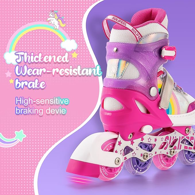 SULIFEEL Rainbow Unicorn Inline Skates for Girls Boys 4 Size Adjustable Light up Wheels Skates for Kids Beginner