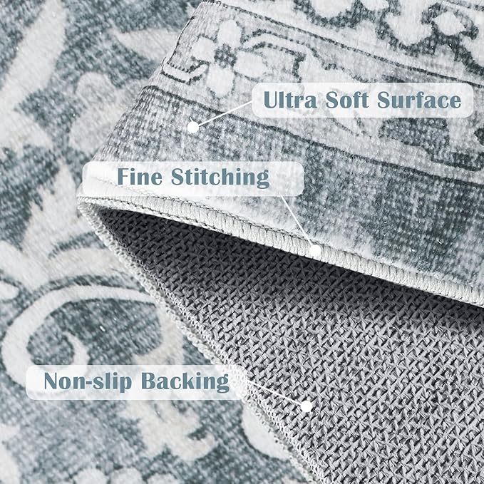 jinchan Floral 5x7 Area Rugs for Bedroom - Machine Washable Vintage Distressed Boho Design Throw Rug Stain Resistant Carpet Low-Pile Thin Non-Slip for Nursery Living Room Dining Room (5‘x7',Grey)