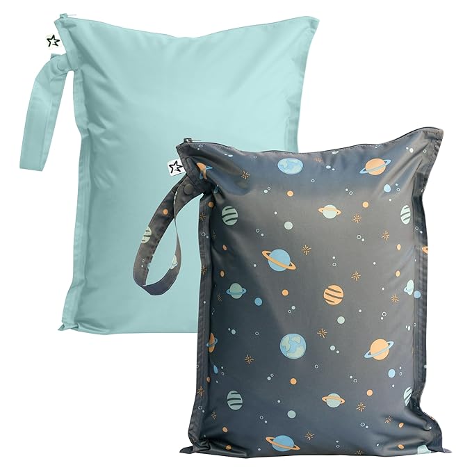 Tiny Twinkle Mess-Proof Waterproof Wet Dry Bag | 2-Pack Reusable Wet Bags for Swimsuits & Baby Clothes | Leakproof Wet Bag for Travel & Diaper Changes for Baby (Space, Ice Blue)
