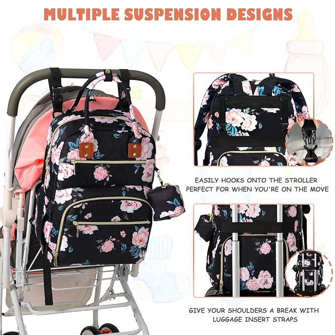 Baby Diaper Bag Backpack, Travel Diaper Bags for Girl Boy Large Capacity Baby Bag Backpack for Women Black Floral
