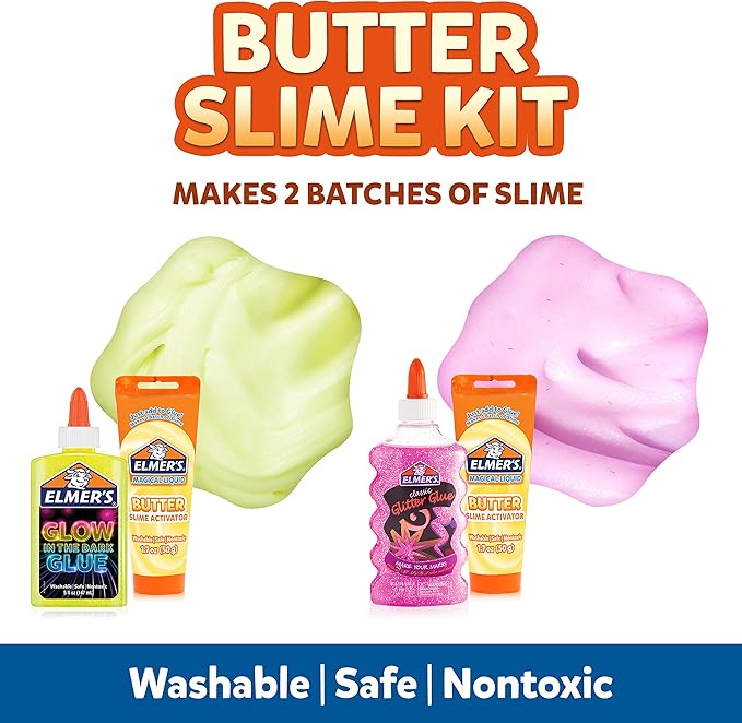 Elmer’s Butter Slime Kit Includes, Glow in the Dark Glue, Glitter Glue, Butter Slime Activator 4 Count.