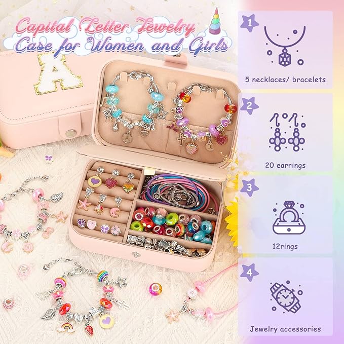 Girls Charm Bracelet Making Kit with Jewelry Case for Kids Charm Pendant Bracelet Kit DIY Jewelry Making Art & Craft for Kids Age 8-12 Birthday Gifts Valentine Christmas
