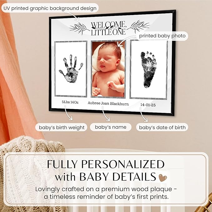 Inkless Hand and Footprint Kit, Baby Keepsake Plaque & Baby Shower Gifts - Ideal as Mom To Be Gift, Nursery Picture Frames, Clean Touch Hand and Footprint Kit (Style 1 - Design 1)