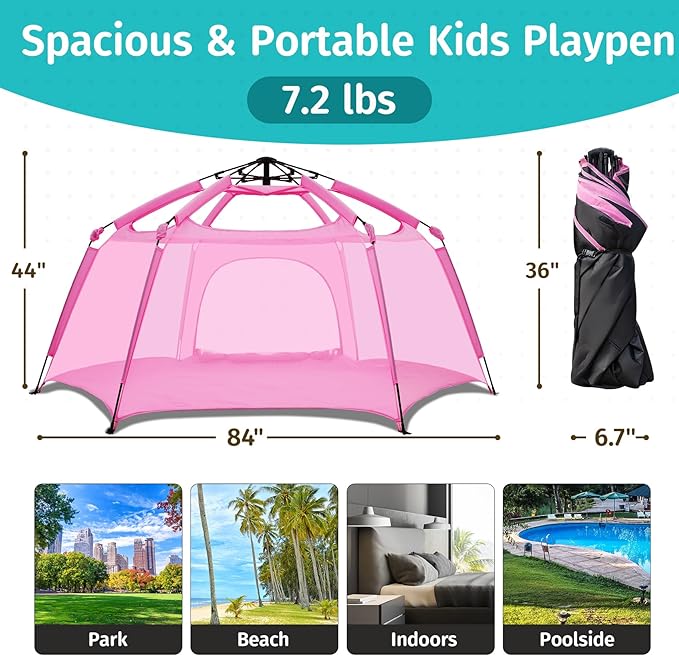 Alvantor Pop Up Playpen- 7'x7'x44”Baby Playpen Large Kids Play Tent Portable and Foldable Playpen Indoor/Outdoor Play Yard with Protective Mesh, UV SPF 50+ Sunshade, and Soft Foam Floor, Pink