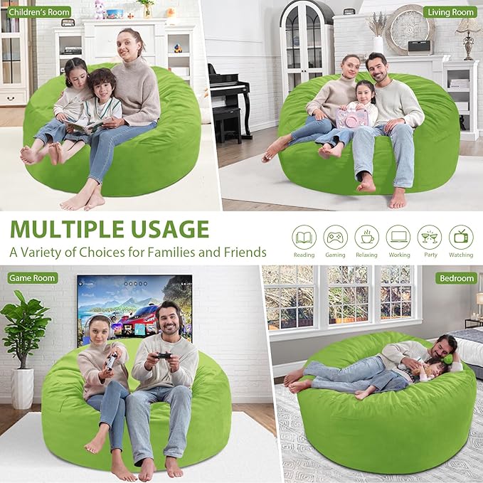 5FT Bean Bag Chair, Large Bean Bag Chairs with Memory Foam Filled, Fluffy Beanbag Sofa with Dutch Velvet Cover, Round BeanBag Chairs for Living Room, Playroom - Lime