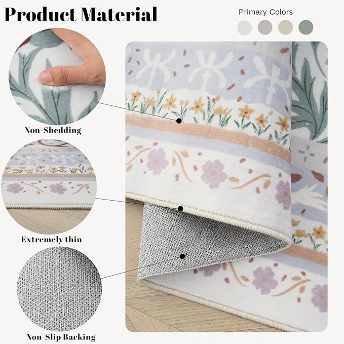 Bedroom Rug 3x5 Rug Washable Area Rug Non Slip Low Pile Vintage Floral Botanical Small Carpet for Bedroom, Bedside, Kitchen, Entryway, Kids Room, Office, Beige