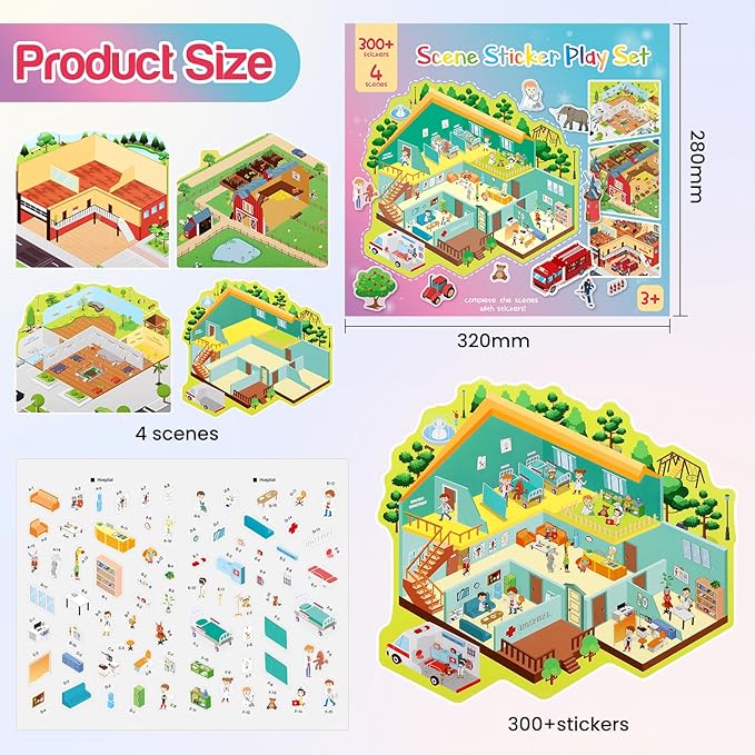 3D Sticker Scene Play Set – 4 Scenes with 300+ Stickers, Reusable Sticker Book, Waterproof Stickers for Kids & Adults
