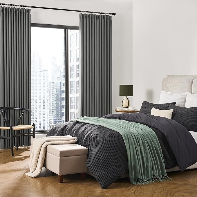 Pinch Pleated Blackout Curtains 96 Inches Long Modern Lush Decor Window Covering Soundproof Drape Panel for Bedroom Light Blocking Room Darkening Drape/Drapery for Nursery Room, Grey