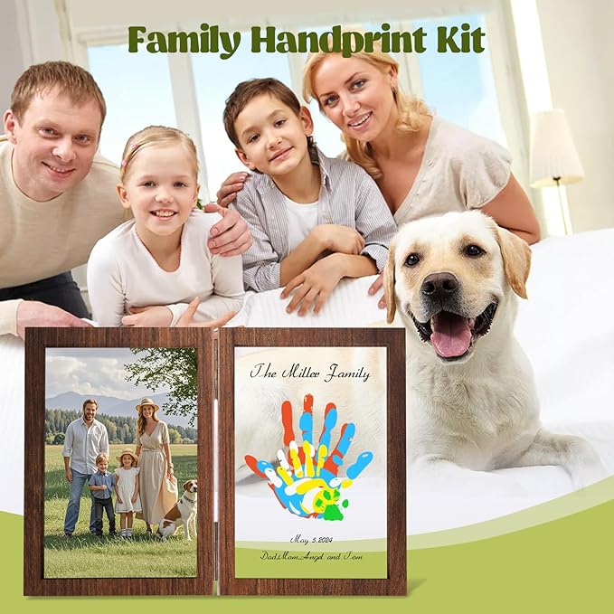 Family Handprint Kit, DIY Baby Hand and Footprint Handmade Keepsake Wooden Frame, Family Gifts with 5 Non-Toxic Baby-Safe Paint, Ideas Gift for New Parents Couple Friends