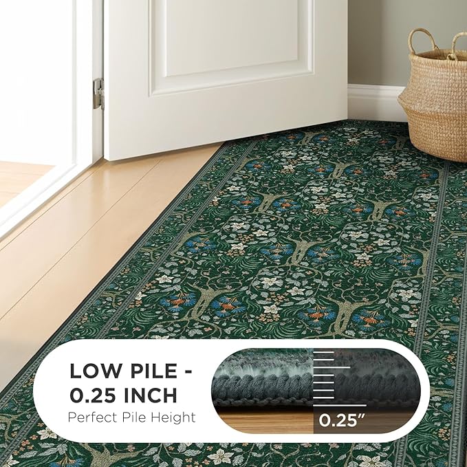 Joydeco Floral 5x7 Area Rugs for Living Room, Boho Dark Green Washable Rug Non Slip, Soft Low-Pile Botanical Forest Indoor Floor Throw Carpet for Office Dining Table Playroom Dorm