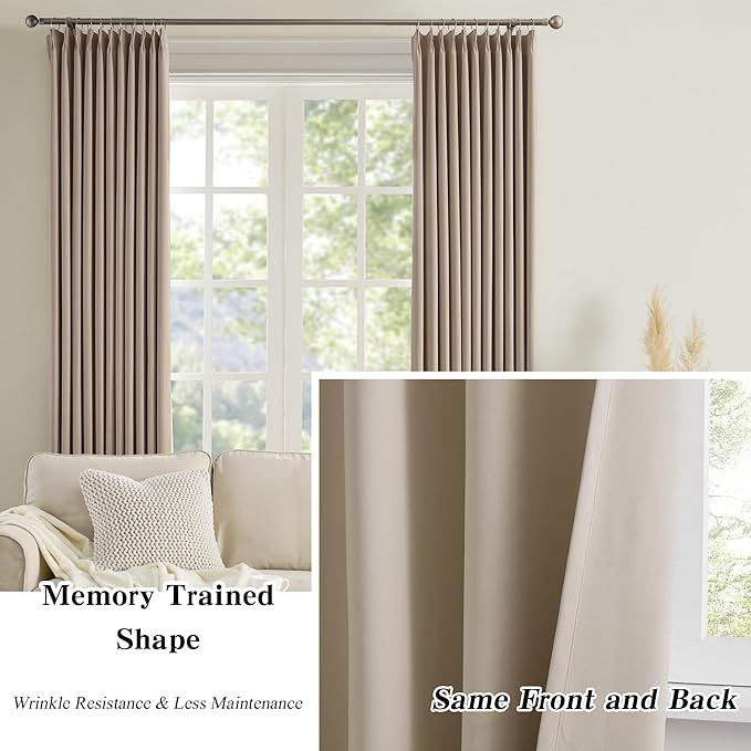 KEQIAOSUOCAI Pinch Pleated Window Curtain Panels 156 Inches Long Light Blocking Solid Ceiling Floor Pleated Curtains Hooks Track Privacy Memory Shape Drape for Living Room,Khaki,40x156, Set of 2