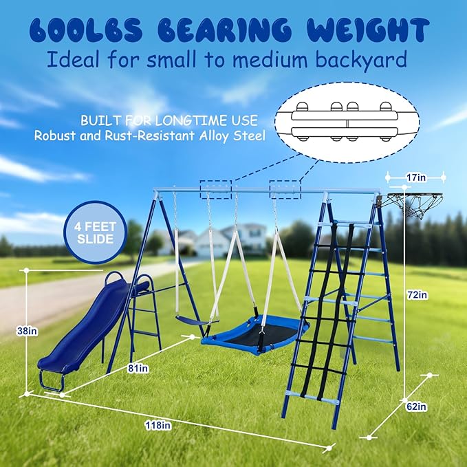 600lbs 6-in-1 Kids Swing Set, Backyard Playset with Belt & Platform Swings, Slide, Climbing Net, Basketball Hoop, Heavy-Duty A-Frame Metal Stand & 6 Anti-Tilt Stakes, Outdoor Gym for Ages 4-12
