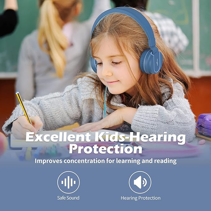 AILIHEN Kids Headphones, I35 On-Ear Headphones for School, Safe Volume 93dB, HD Mic Stereo Headphone for Kid Girls Boys, Foldable 3.5mm Wired for Chromebook, Laptop, Computer, Tablet (Blue)