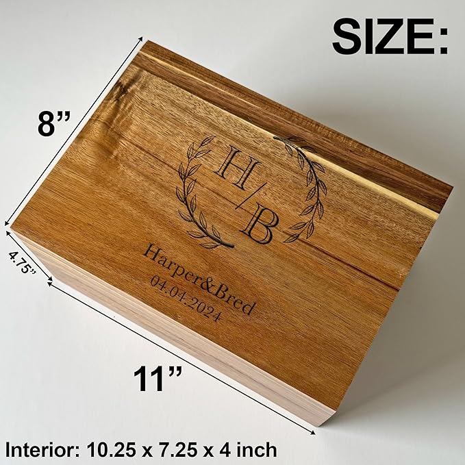 Wedding Keepsake Box - Personalized Couple Gift, Custom Gift for Wedding Anniversary, Wooden Memory Boxes for Love Letters, Cards, Engagement Time Capsule, Unique Gift for Parents 11x8x4.75 in