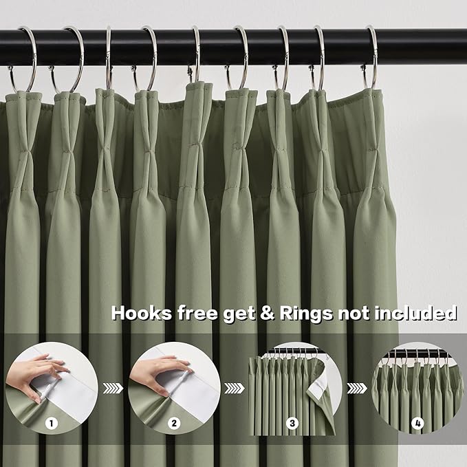 Sage Green Pinch Pleat Curtains 72 Inches Long Thermal Insulated Dark Black Out Short Drapery for Bedroom Light Blocking Window Covering Room Darkening Drapes for Living Room 40x72 2 Pieces