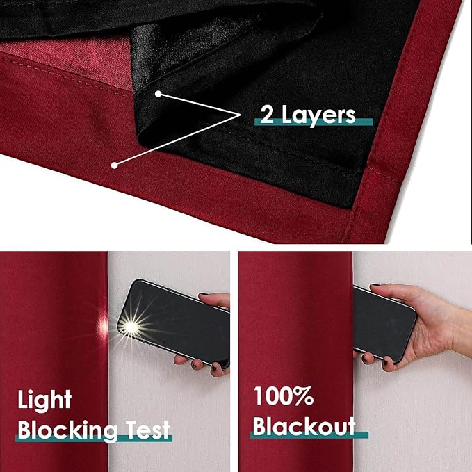 ChrisDowa 100% Blackout Curtains 63 inch Long for Bedroom with Black Liner, 2 Thick Layers Total Blackout Thermal Insulated Grommet Window Curtains 2 Panels Set (Burgundy, 38 x 63 Inch)