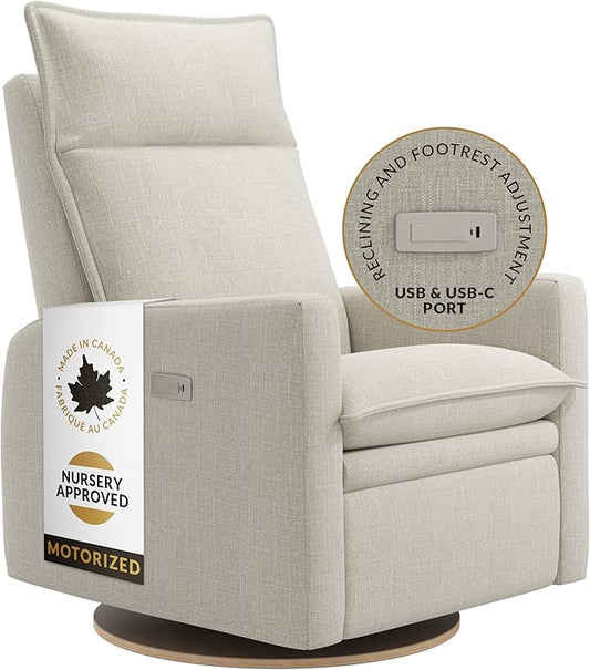 Arya Modern Nursery Chair Glider Recliner with 180° Swivel - Cozy Motorized Reclining Nursing Chair with USB Ports, Gentle Motion, Ergonomic Design, Canadian-Made (Ivory/Nubia Fabric)