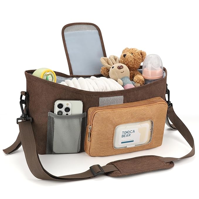 Accmor Universal Stroller Organizer with Insulated Cup Holder, Stroller Caddy Bag Accessories, Stroller Cup Holder Organizer for Uppababy Baby Jogger Britax Stroller, Brown