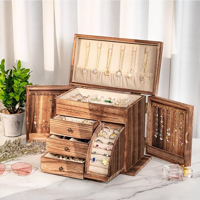 Jewelry Box Organizer, Solid Wood Jewelry Boxes for Women for Storage & Display Necklace Ring Earring Bracelet, Rustic Style Jewelry Organizer Box for Women Gifts (Carbonized Brown)