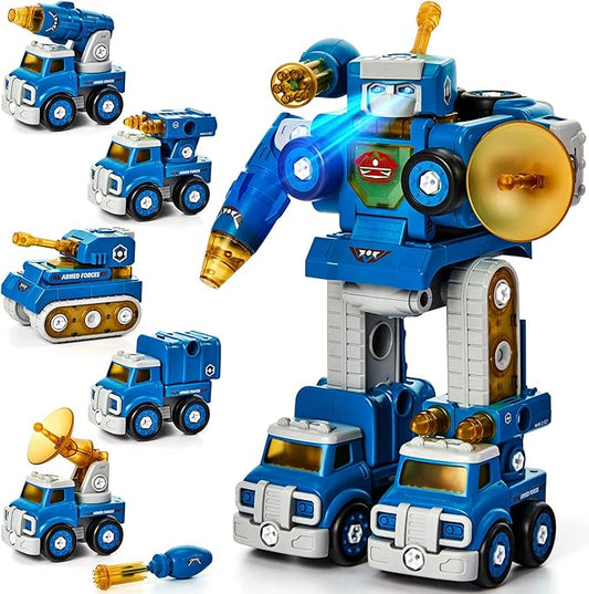 hahaland 5 Year Old Boy Birthday Gift - STEM Toys for Ages 5-7, Toy for 5 6 Year Old Boy, 5 in 1 Building Take Apart Trucks Transform to Robot, Boys Toys Stocking Stuffers for Kids Christmas Ages 5-8