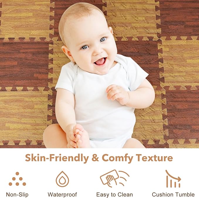 Skyweaver 36 Tiles Soft Non-Toxic Baby Play Mat for Floor EVA Foam Jigsaw Puzzle Play Mat, Interlocking Squares with 0.6inch for Babies, Toddlers & Kids Gym, Nursery, Playroom, Brown