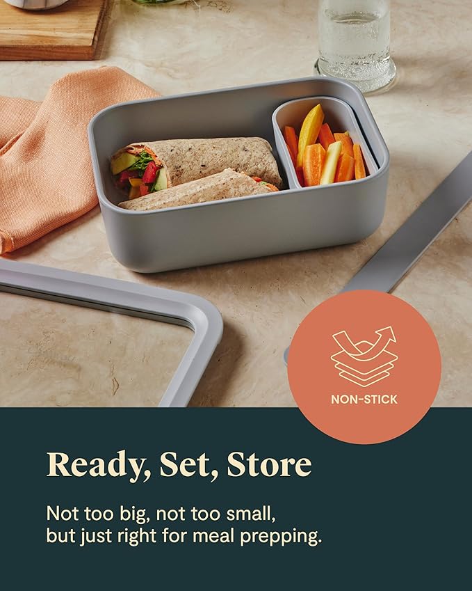 Caraway Glass Food Storage, 6.6 Cup Glass Container,Ceramic Coated Food Container,Easy to Store, Non Toxic, Non Stick Lunch Box Container with Glass Lids. Dishwasher, Oven,Square Shape,Cream