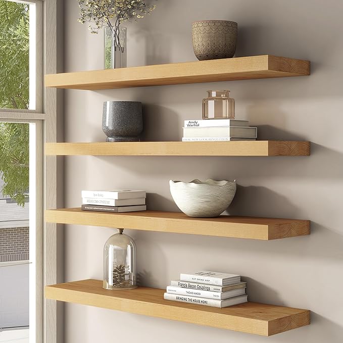 Floating Shelves for Wall, USA-Sourced Brich Wood 48 Inch Long Wall Shelves, Natural Wooden Mounted Picture Ledge Shelf, Nursery Book Storage Shelf Kids Bookshelf, Display Shelf for Bathroom