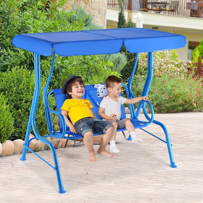 GLACER Porch Swing, Kids Patio Hammock w/Adjustable Canopy & Stand, Safety Belt, 2 Seats Outdoor Swing Bench, Metal Frame Hanging Lounge Chair, Swing Sets for Backyard, Garden, Poolside (Blue Puppy)