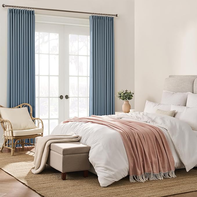 KEQIAOSUOCAI Dusty Slate Blue Blackout Curtains for Boys Bedroom, Pinch Pleat with Hooks, Room Darkening Block Out Curtain 63 Inches Long 2 Panels, 40 by 63 Inch Dark Steel Blue