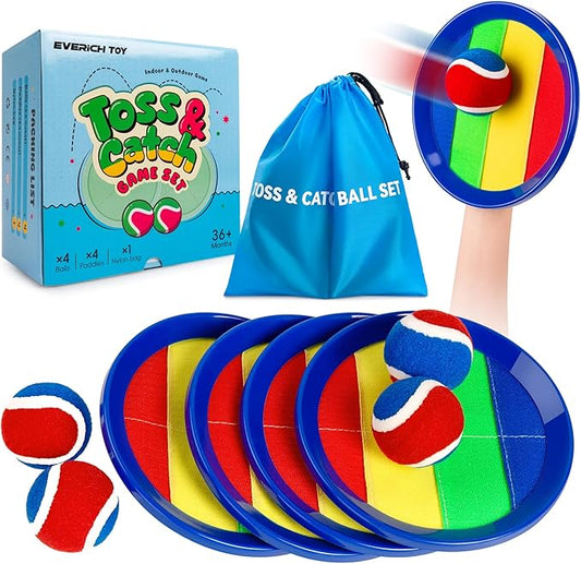 EVERICH Upgraded Toss and Catch Ball Game Set - Indoor and Outdoor Games for Kids 3-12, Beach Sand Pool Water Toy Includes 4 Paddles 4 Sticky Balls, Great Birthday Easter Gifts for Boys Girls