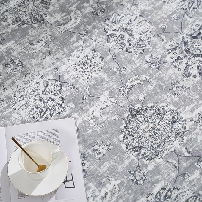 jinchan Round Rug 5ft Area Rug - Indoor Vintage Hallway Circle 5' Washable - Ultra-Thin Low Pile Soft Small Non Slip Distressed Floral Print for Living Room Dining Room Bedroom Entryway Grey