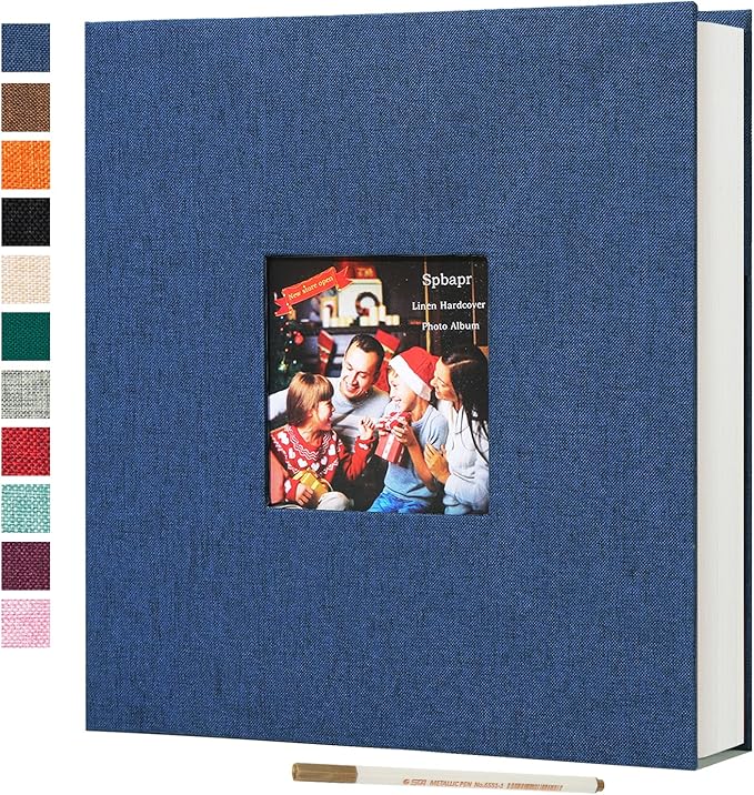Spbapr Large Photo Album Self Adhesive 60 Pages Linen cover DIY Magnetic Scrapbook album with A Metal Pen Hold 4x6 5x7 6x8 8x10 10x12 Pictures Blue