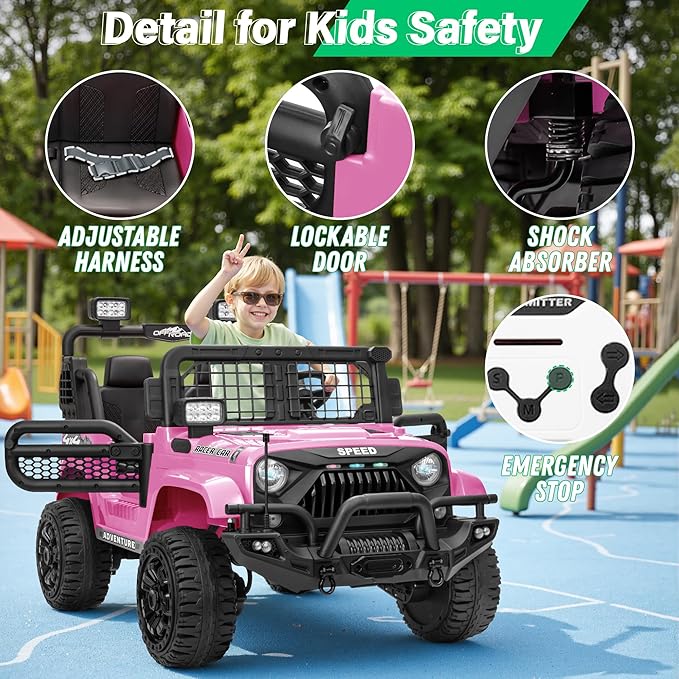 2 Seater Ride On Car Truck with Remote Control XL, Kids 24V Battery Powered Electric Vihicle w/21 in Seat, 3 Speeds, 2WD/4WD Switichable, Shock Absorbers,Bluetooth, Flower, Gift Choice