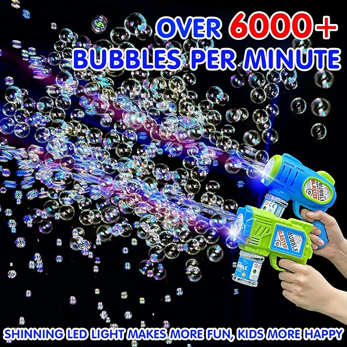 2 Pack Bubble Gun Machine for Kids, Automatic Light Up Bubble Blower with 4 Bottles 10 Bags Refill Solution Bubble Guns Blaster for Toddlers, Outdoor Toys Gifts Wedding Easter Party Favor