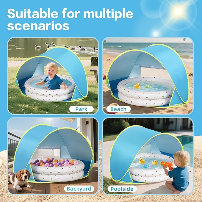 Baby Beach Tent Canopy: with Inflatable Kiddie Swimming Pool Toys - UPF50+ UV Protection Pop Up Sun Shelter Tent & Small Pool - Beach Essentials for Infant Toddlers