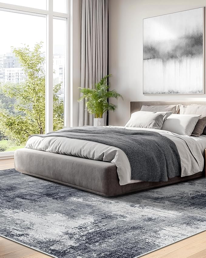 Amada 9x12 Large Area Rug, Modern Abstract Living Room Rug with Non-Slip Backing & Short Pile, Washable Rug with Abstract Pattern for Living Room, Bedroom and Dinning Room, Grey