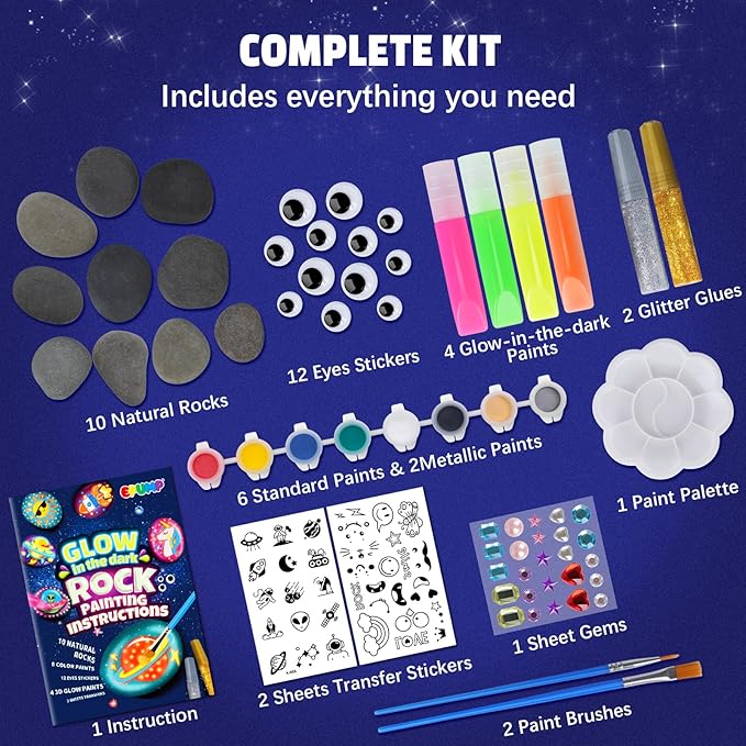 EPUMP Rock Painting Kit for Kids – Glow-in-The-Dark Arts & Crafts Set for Boys & Girls Ages 6-12, DIY Crafts Creative Painting Toys, Fun Art Supplies for Kids Activities & Birthday Gifts