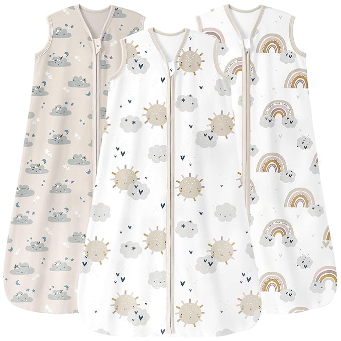 Baby Sleep Sack 6-12 Months 0.5 Tog Wearable Blanket Baby, 3 Pack 100% Cotton Lightweight Sleeping Sack with 2-Way Zipper for Newborn Infant Apricot White Sun Clouds