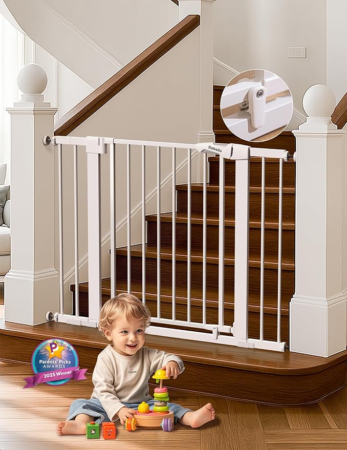 Babelio 29-43" Magnetic Baby Gate for Stairs,Doorways House,Kitchen,30" Tall Pet Barrier with Baffles,Pressure Mounted & Dual-Lock Design Safety for Kids Toddler,Auto-Close/Hold-Open,White