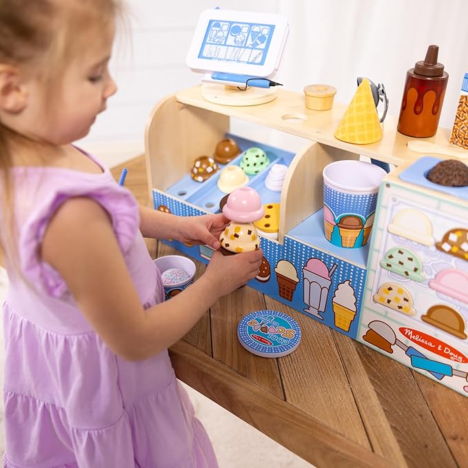 Melissa & Doug Wooden Cool Scoops Ice Creamery Play Food Toy Wooden Pretend Play Frozen Treats for Toddlers, Preschoolers, Boys and Girls - FSC-Certified